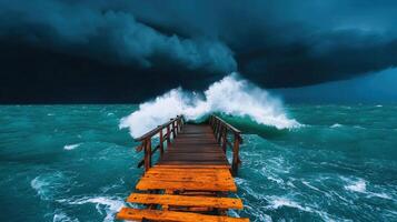 Dramatic Ocean Waves Crashing Near Wooden Pier During Stormy Weather photo