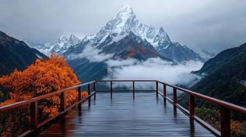 Majestic Mountain Vista Autumnal View from a Wet Wooden Deck photo