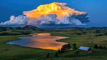 Dramatic Sunset over Serene Lake Rolling Hills and Ranch House in Scenic Landscape photo