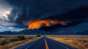 Dramatic Sunset Storm Clouds over Mountain Range Highway Landscape photo