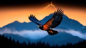 Majestic Eagle Soaring at Sunset Over Dramatic Mountain Range photo
