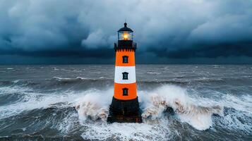 Majestic Lighthouse with Stormy Sea and Dramatic Cloudscape photo