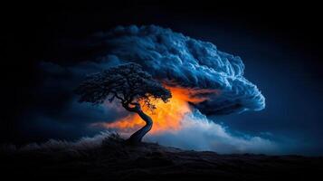 Dramatic Night Scene Lone Tree Silhouetted Against a Fiery Stormy Sky photo
