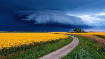 Dramatic Storm Clouds Over Golden Wheat Field Country Road Rural Landscape photo
