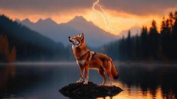 Majestic Red Wolf Howling at Sunset with Dramatic Lightning Storm Over Lake and Mountains photo