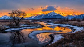 Stunning Sunset over Snowy River and Mountain Range Winter Landscape Photography photo