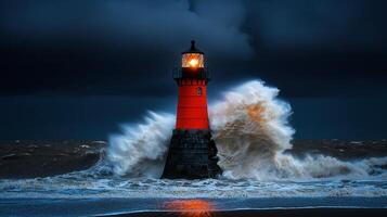 Dramatic Lighthouse with Powerful Waves Crashing During Stormy Night photo