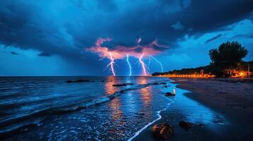 Dramatic Night Seascape with Multiple Lightning Strikes over Ocean Beach photo