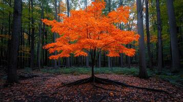 Vibrant Orange Maple Tree in Autumn Forest Landscape Photography photo