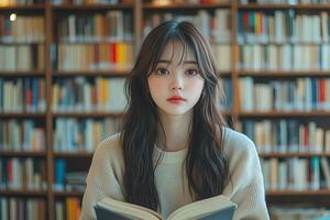 A girl is reading a book in front of a library photo