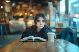 A woman is sitting at a table with a book and coffee photo