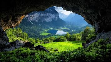 Stunning Mountain Valley View from Cave Opening Lush Green Landscape Alpine Scenery photo