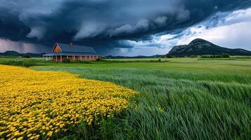 Dramatic Storm Clouds Over Rural Farm House and Yellow Wildflowers Field photo