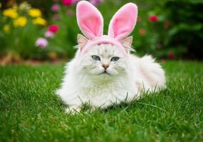 A fluffy white cat wearing bunny ears photo