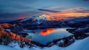 Stunning Sunset over Snow Capped Mountains and Serene Lake in Winter Wonderland photo