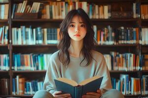 A woman is sitting in front of a book shelf photo