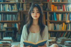 A young woman sitting on the floor in front of bookshelves photo