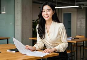 Asian business woman sitting at table with papers photo