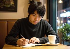 A young man is writing in a notebook while sitting at a table photo