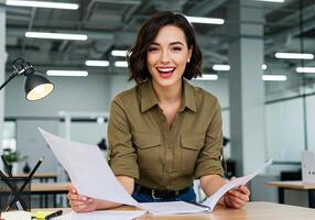 A woman is smiling while holding papers and a pen photo