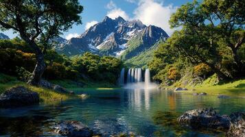 Serene Waterfall Cascading into a Mountain Lake Lush Green Forest Majestic Peaks photo