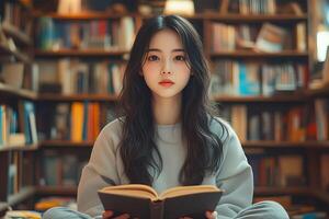 A young woman is sitting in front of a book shelf photo
