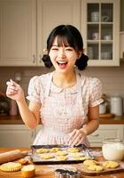 A woman in an apron is smiling while making cookies photo