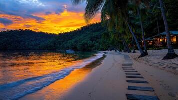Stunning Tropical Sunset Beach Scene with Palm Trees and Wooden Walkway photo
