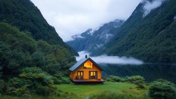 Secluded Mountain Cabin by Lake at Dusk Scenic View Cozy Log Home photo