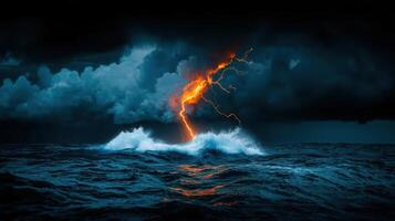 Dramatic Ocean Storm with Lightning Strike and Rough Waves at Night photo