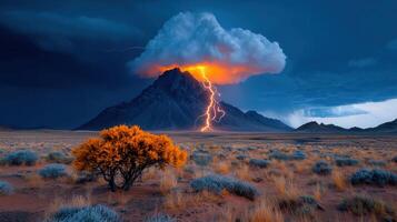 Dramatic Lightning Strike on Mountain Peak in Desert Landscape Vivid Colors photo