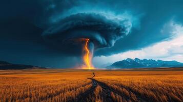 Dramatic Lightning Strike in a Stormy Landscape with Mountains and Golden Fields photo
