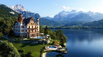 Luxurious Lakeside Chateau Mountain View Alpine Scenery Pool Luxury Resort photo