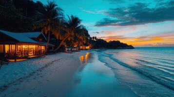 Tropical Beachfront Cabanas at Sunset Idyllic Ocean View Calm Waves photo