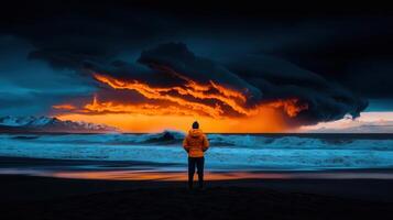 Dramatic Sunset Seascape Man Silhouetted Against Fiery Sky and Ocean Waves photo