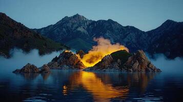 Serene Mountain Lake at Dusk with Golden Light Illuminating Rocky Islands and Misty Atmosphere photo