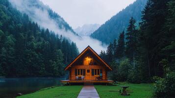 Secluded Mountain Cabin by Lake Misty Forest Log Home Scenic View photo