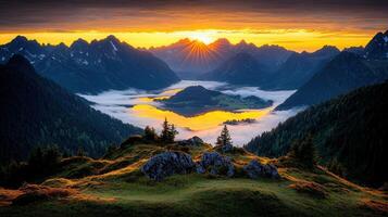 Majestic Sunrise over Mountain Lake and Valley Golden Hour Landscape Photography photo