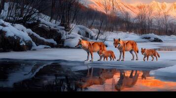 Majestic Red Wolves Family in Winter Wonderland Landscape Snowy Riverbank Sunset photo
