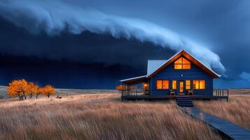 Dramatic Stormy Sky Over Illuminated Ranch House in Autumnal Field photo