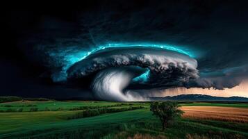 Dramatic Rotating Supercell Thunderstorm Over Rural Landscape with Lightning photo