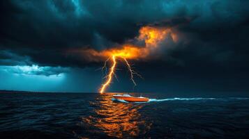 Dramatic Ocean Scene Boat Sailing Through Intense Lightning Storm photo