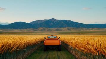 Golden Wheat Field Landscape with Classic Orange Pickup Truck and Majestic Mountain Range photo