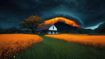 Dramatic Sunset Storm Clouds over Rural Farmhouse and Orange Flower Field photo