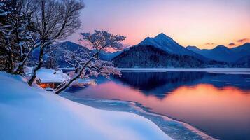 Serene Winter Sunset over Mountain Lake and Snow Covered Shore photo