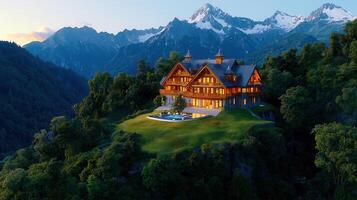 Luxurious Mountain Chalet with Infinity Pool at Dusk Breathtaking Alpine View photo