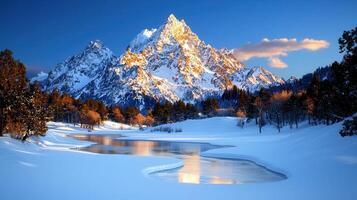 Majestic Winter Mountain Landscape Snow Covered Peaks Frozen River and Pine Trees photo