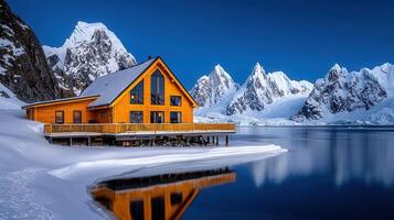 Stunning Winter Cabin Landscape Mountain Lake Snow and A Frame House photo