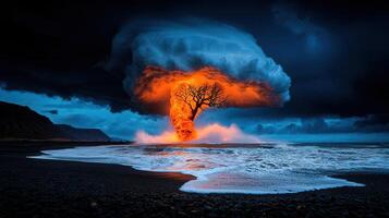 Fiery Tree on Beach Dramatic Seascape with Burning Tree and Storm Clouds photo