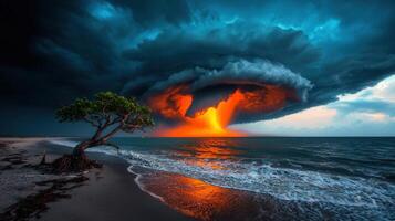 Dramatic Sunset Seascape Fiery Sky Solitary Tree Ocean Waves photo